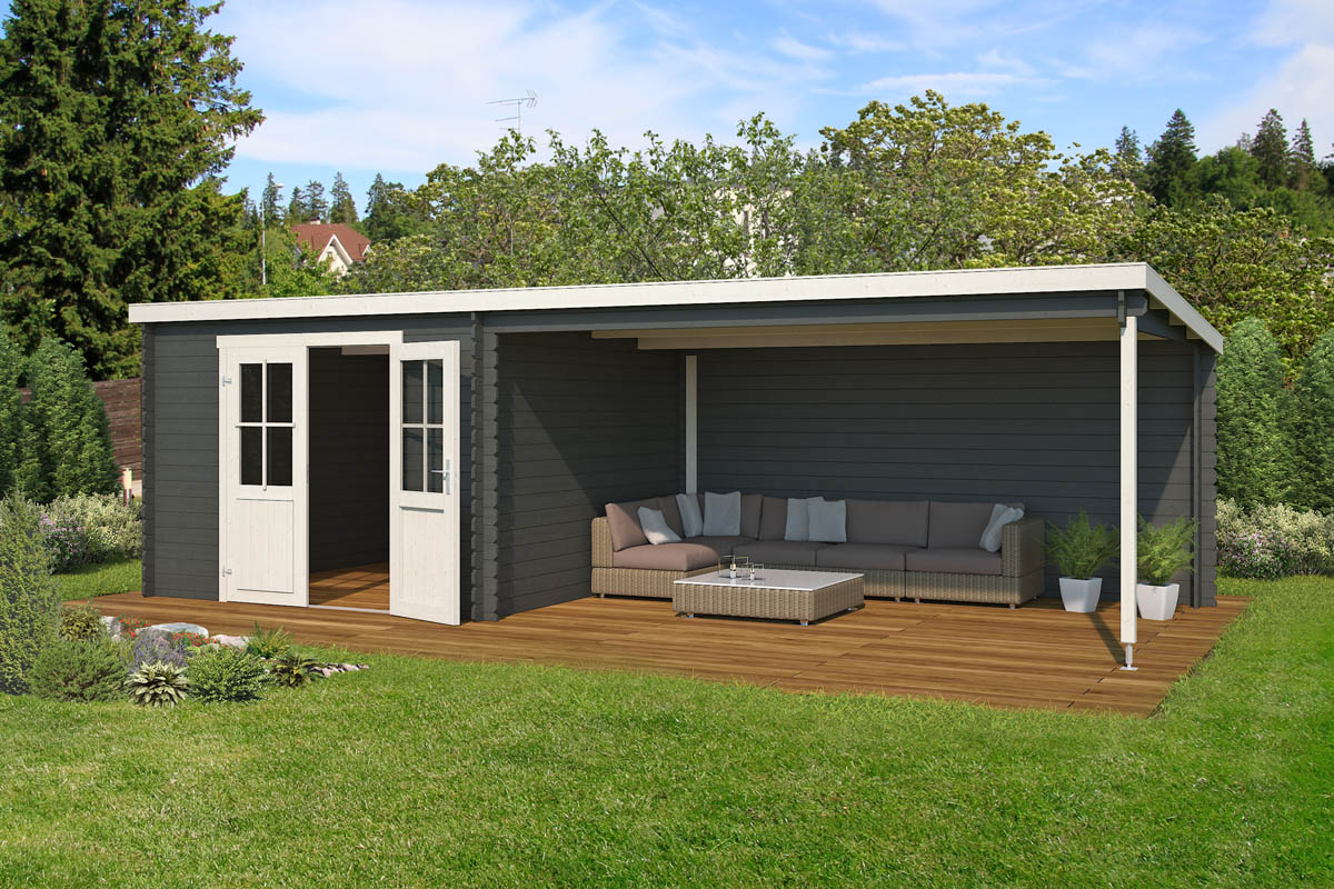 Van Kooten Tuin en Buitenleven Outdoor Life St. Louis Blokhut 701x312 cm 28 mm vuren Carbon Grey-Wit gecoat- Lessenaarsdak- - Outdoor Life
