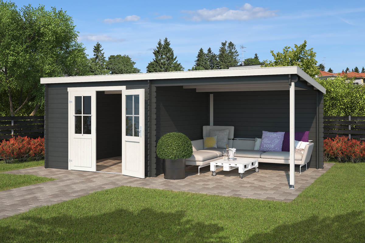Van Kooten Tuin en Buitenleven Outdoor Life Orlando Blokhut 601,2x312 cm 28 mm vuren Carbon Grey-Wit gecoat- Lessenaarsdak- - Outdoor Life