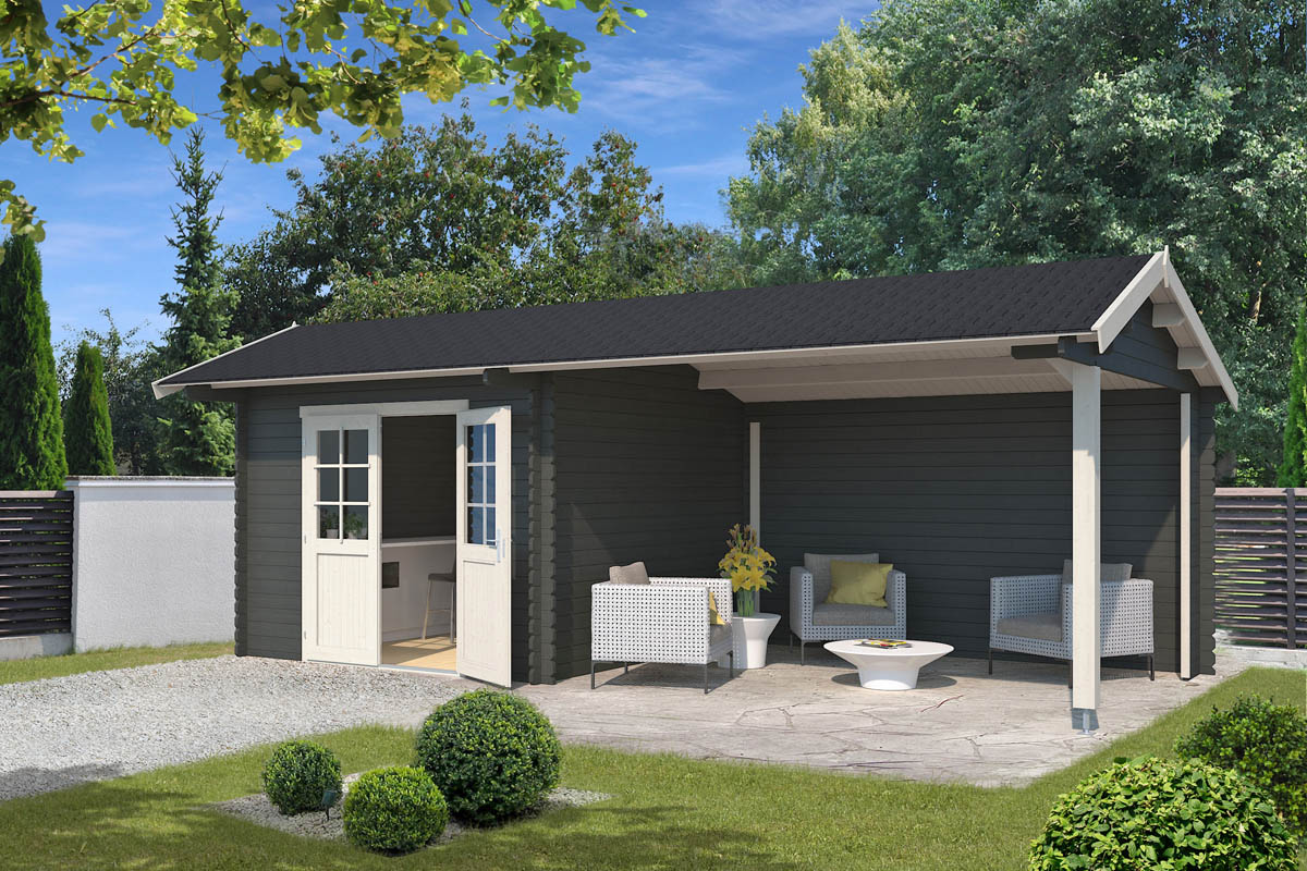 Van Kooten Tuin en Buitenleven Outdoor Life Maribel Blokhut 700x320 cm 34 mm vuren Carbon Grey-Wit gecoat- Zadeldak- - Outdoor Life
