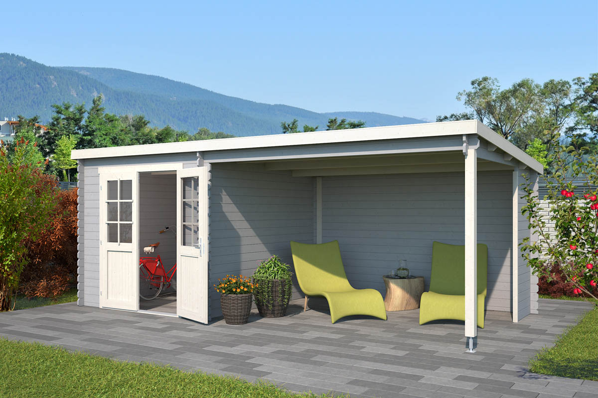 Van Kooten Tuin en Buitenleven Outdoor Life Sunniva Blokhut 590x295 cm 28 mm vuren Platinum Grey-Wit gecoat- Lessenaarsdak- - Outdoor Life