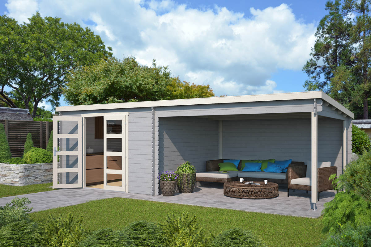 Van Kooten Tuin en Buitenleven Outdoor Life Olenka Blokhut 730x350 cm 28 mm vuren Platinum Grey-Wit gecoat- Zadeldak- - Outdoor Life