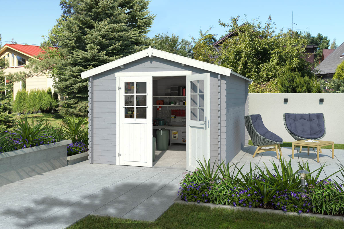 Van Kooten Tuin en Buitenleven Outdoor Life Norah Blokhut 295x380 cm 28 mm vuren Platinum Grey-Wit gecoat- Zadeldak- - Outdoor Life