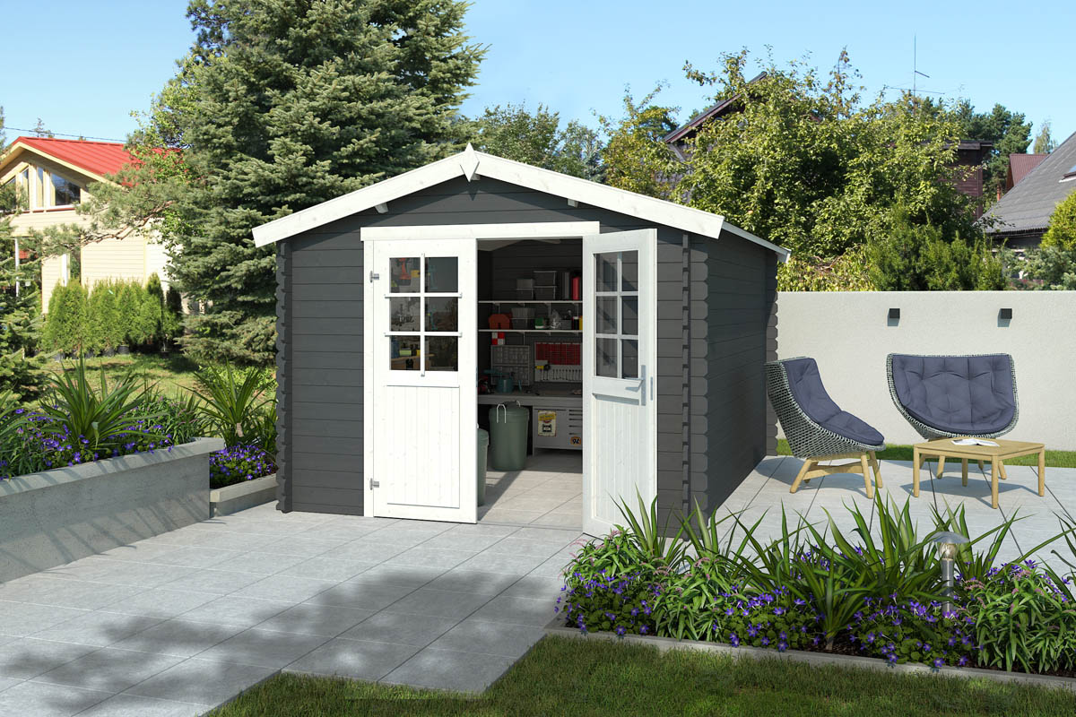 Van Kooten Tuin en Buitenleven Outdoor Life Norah Blokhut 295x380 cm 28 mm vuren Carbon Grey-Wit gecoat- Zadeldak- - Outdoor Life