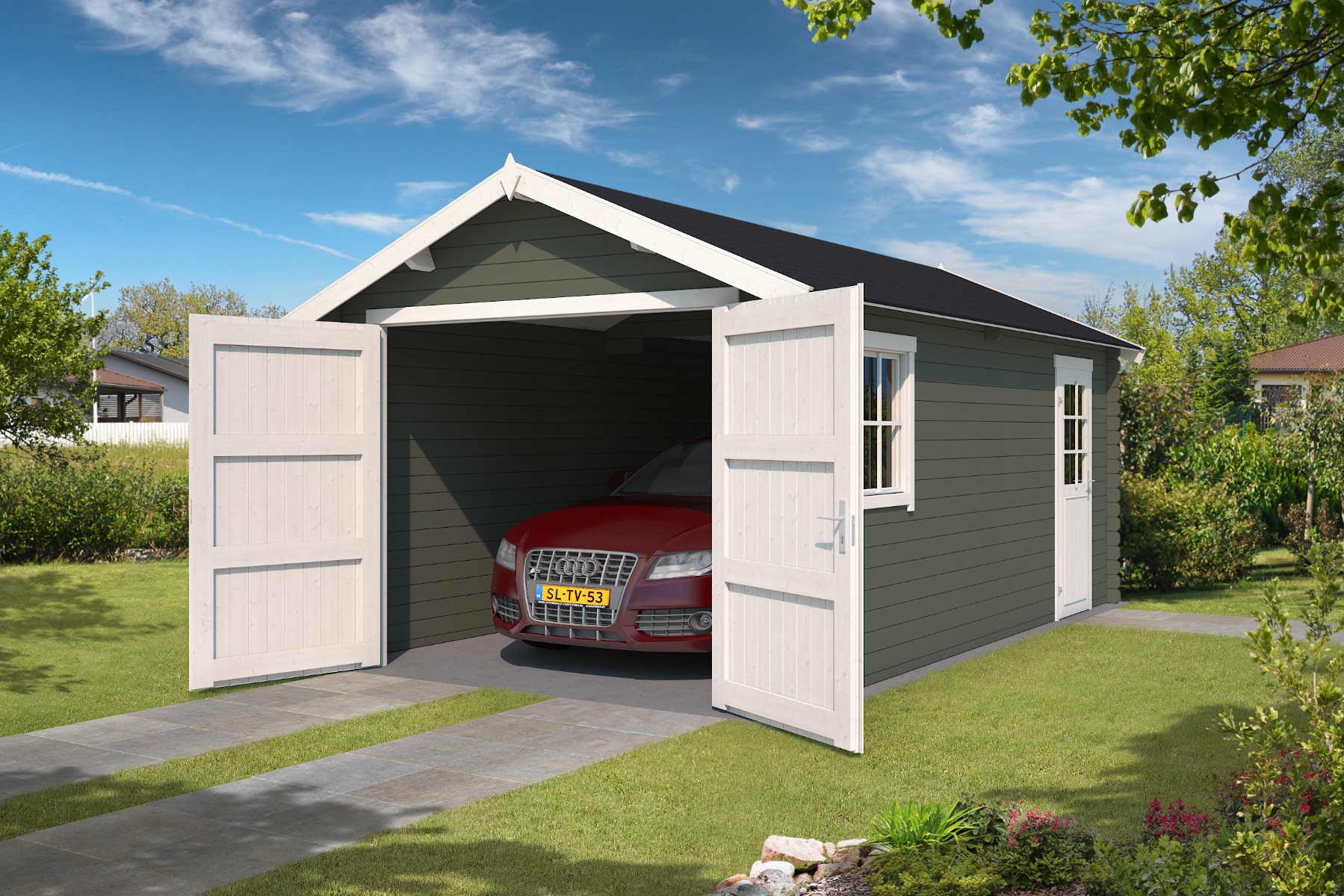 Van Kooten Tuin en Buitenleven Outdoor Life Dillon Blokhut 320x560 cm 34 mm vuren Green Grey-Wit gecoat- Zadeldak- - Outdoor Life