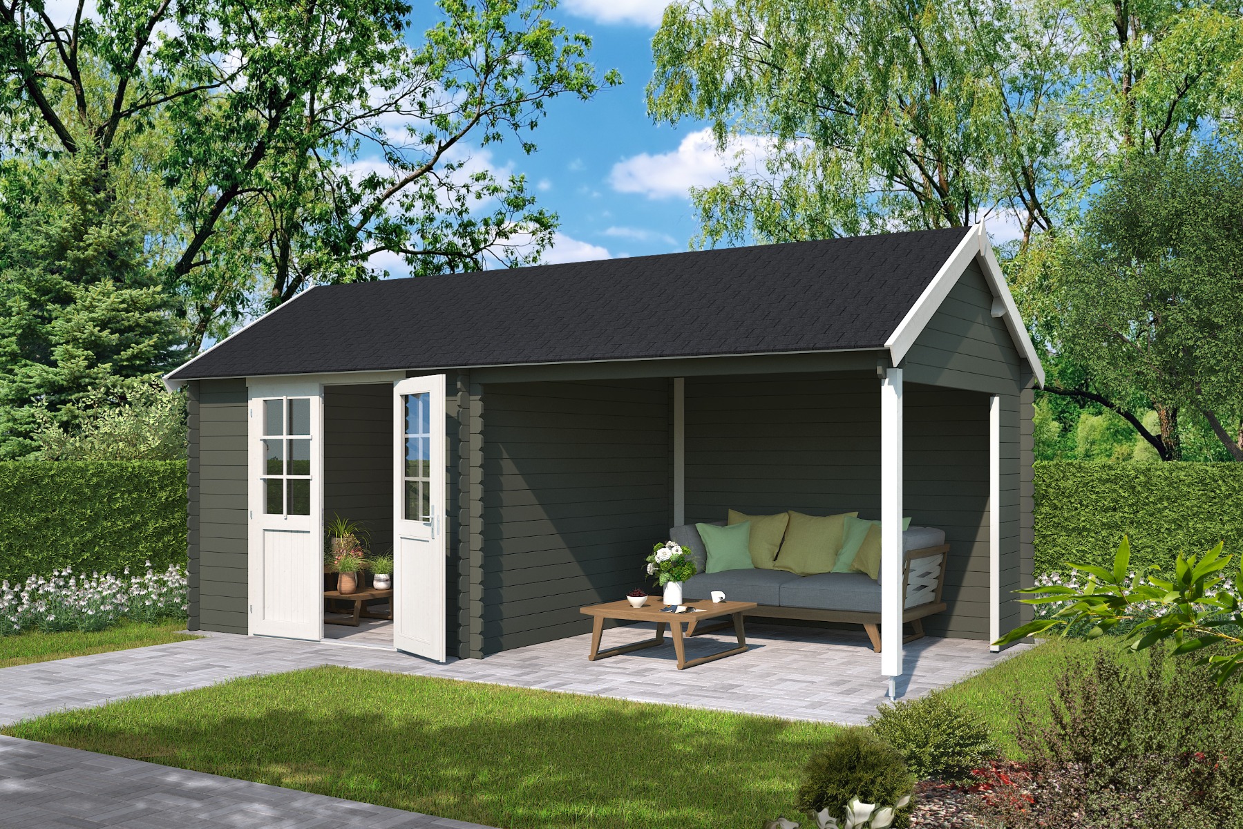 Van Kooten Tuin en Buitenleven Outdoor Life Fraya Blokhut 595x295 cm 28 mm vuren Green Grey-Wit gecoat- Zadeldak- - Outdoor Life