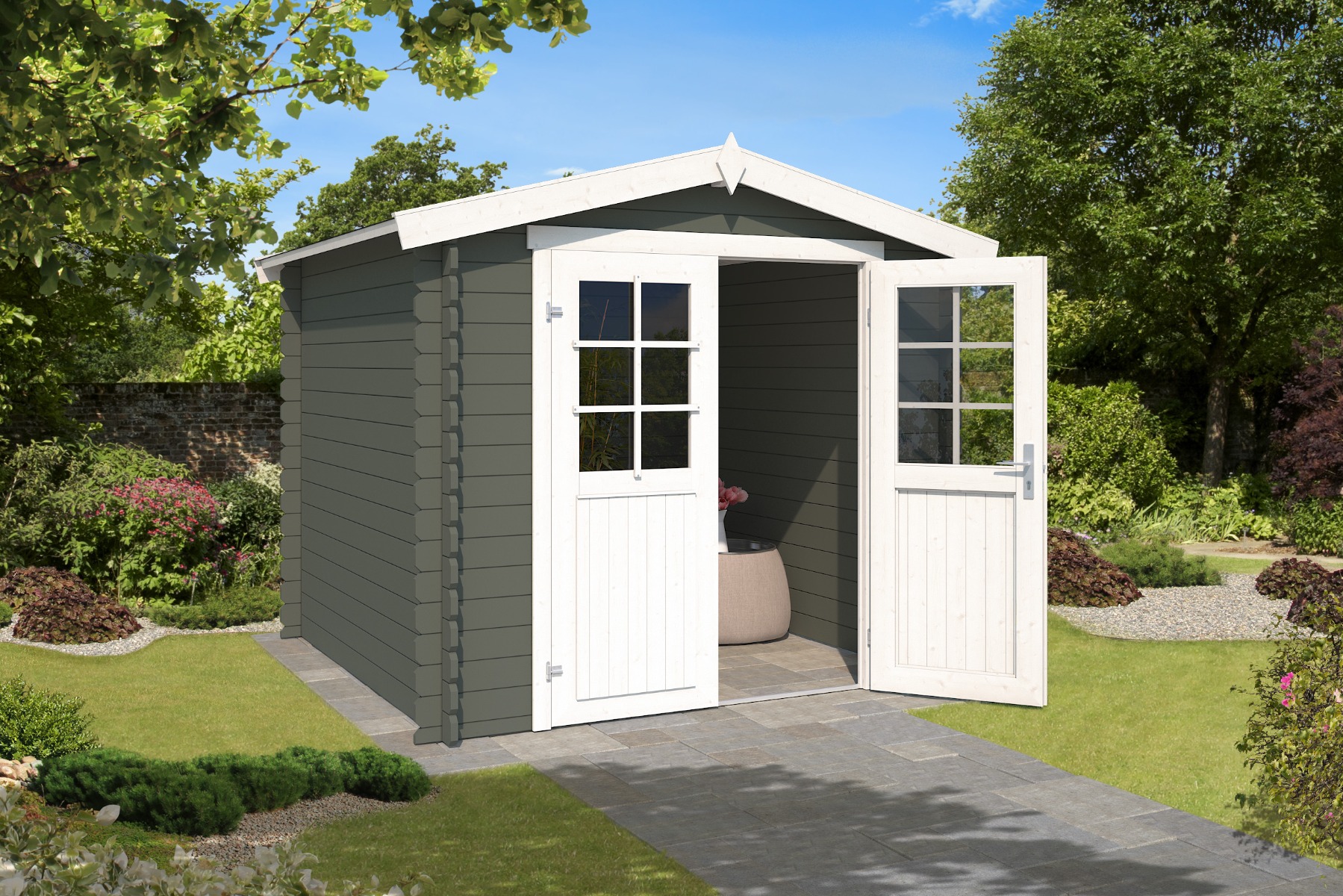 Van Kooten Tuin en Buitenleven Outdoor Life Ingo Blokhut 250x250 cm 28 mm vuren Coating Green-Grey-Wit gecoat- Zadeldak- - Outdoor Life