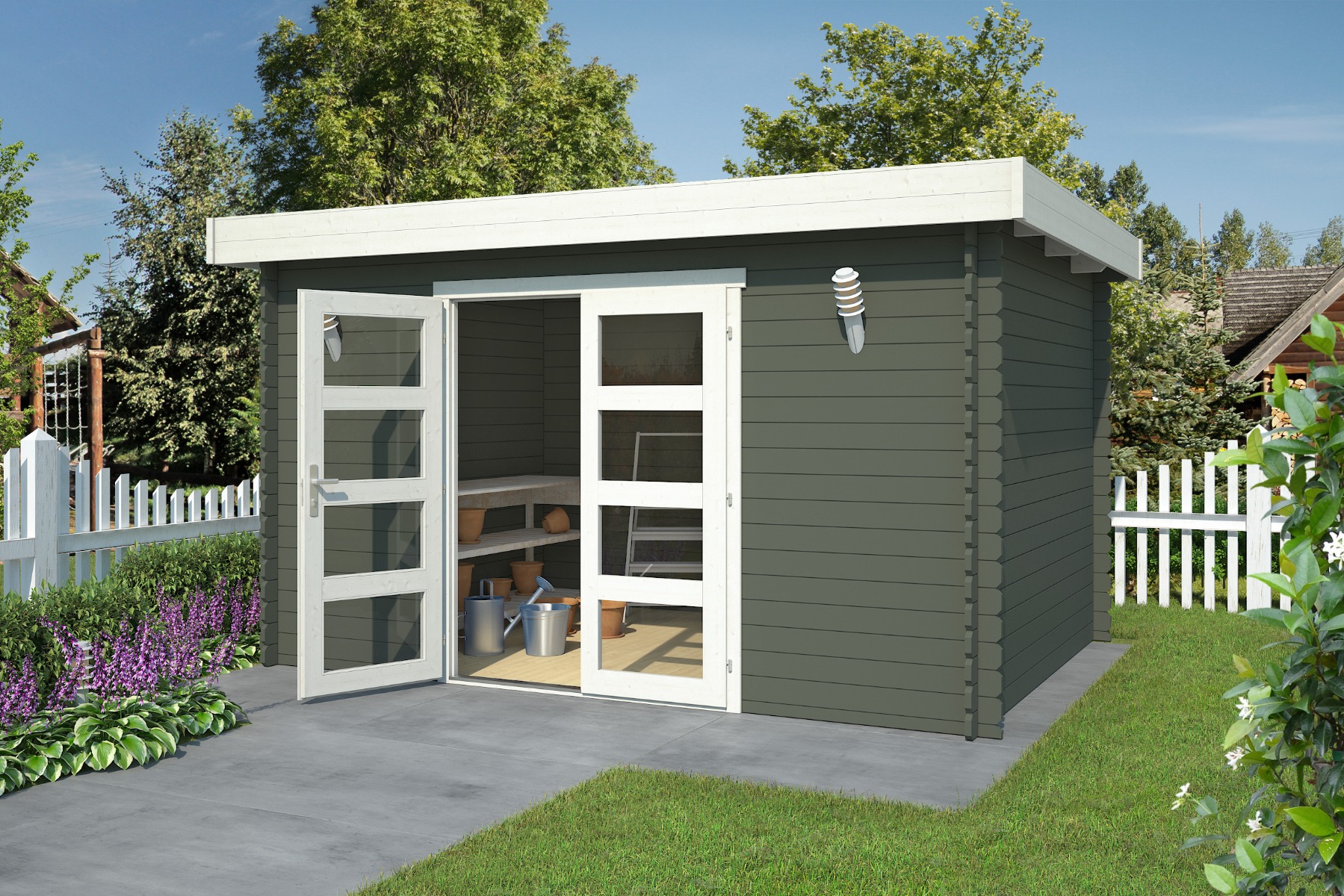 Van Kooten Tuin en Buitenleven Outdoor Life Mikkel Blokhut 400x295 cm 28 mm vuren Green Grey-Wit gecoat- - - Outdoor Life