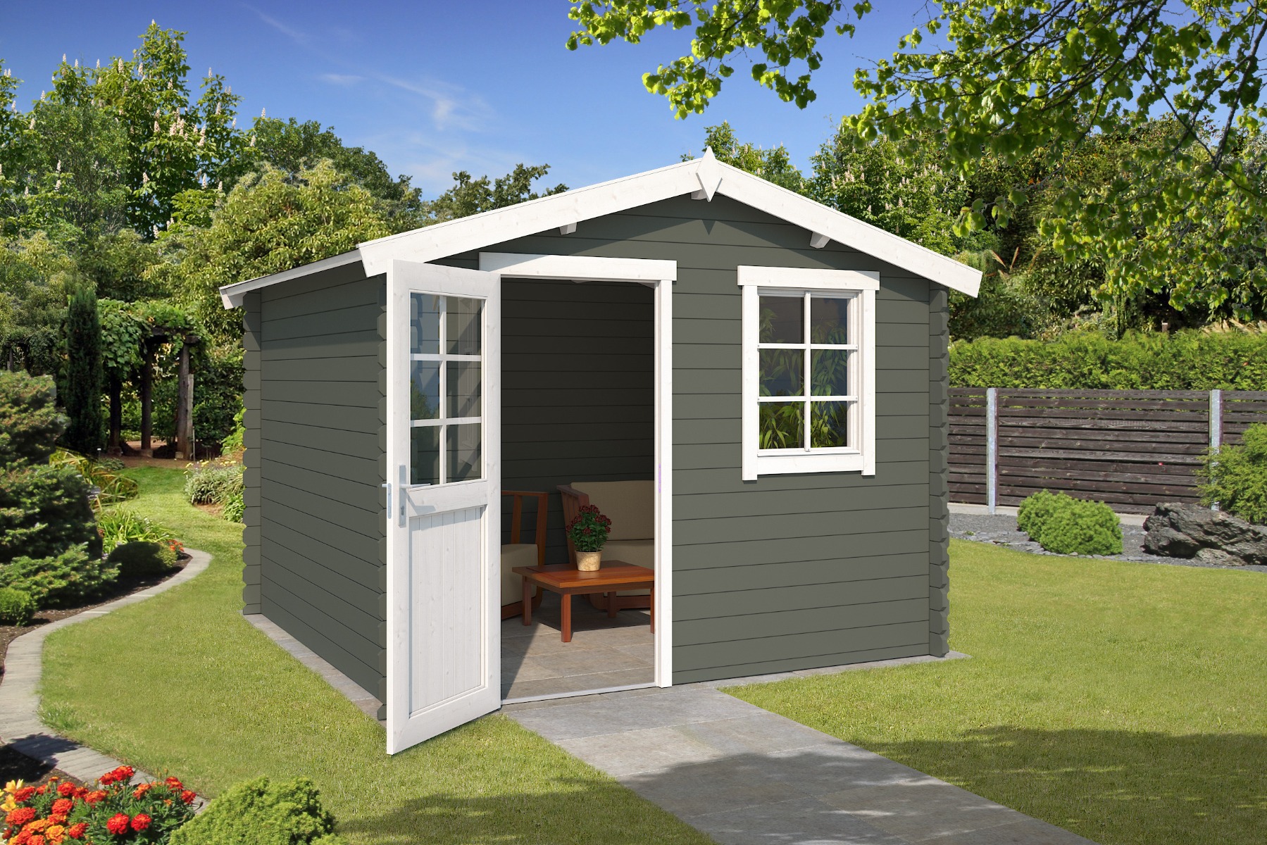 Van Kooten Tuin en Buitenleven Outdoor Life Nina Blokhut 295x295 cm 28 mm vuren Green Grey-Wit gecoat- Zadeldak- - Outdoor Life