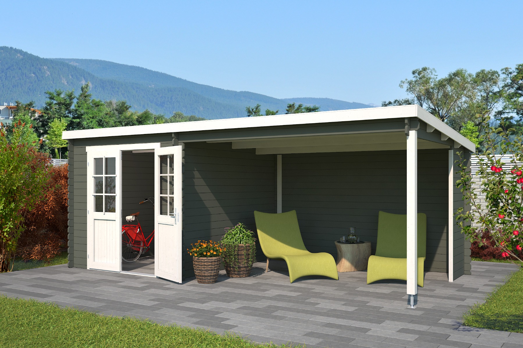 Van Kooten Tuin en Buitenleven Outdoor Life Sunniva Blokhut 590x295 cm 28 mm vuren Green Grey-Wit gecoat- Lessenaarsdak- - Outdoor Life