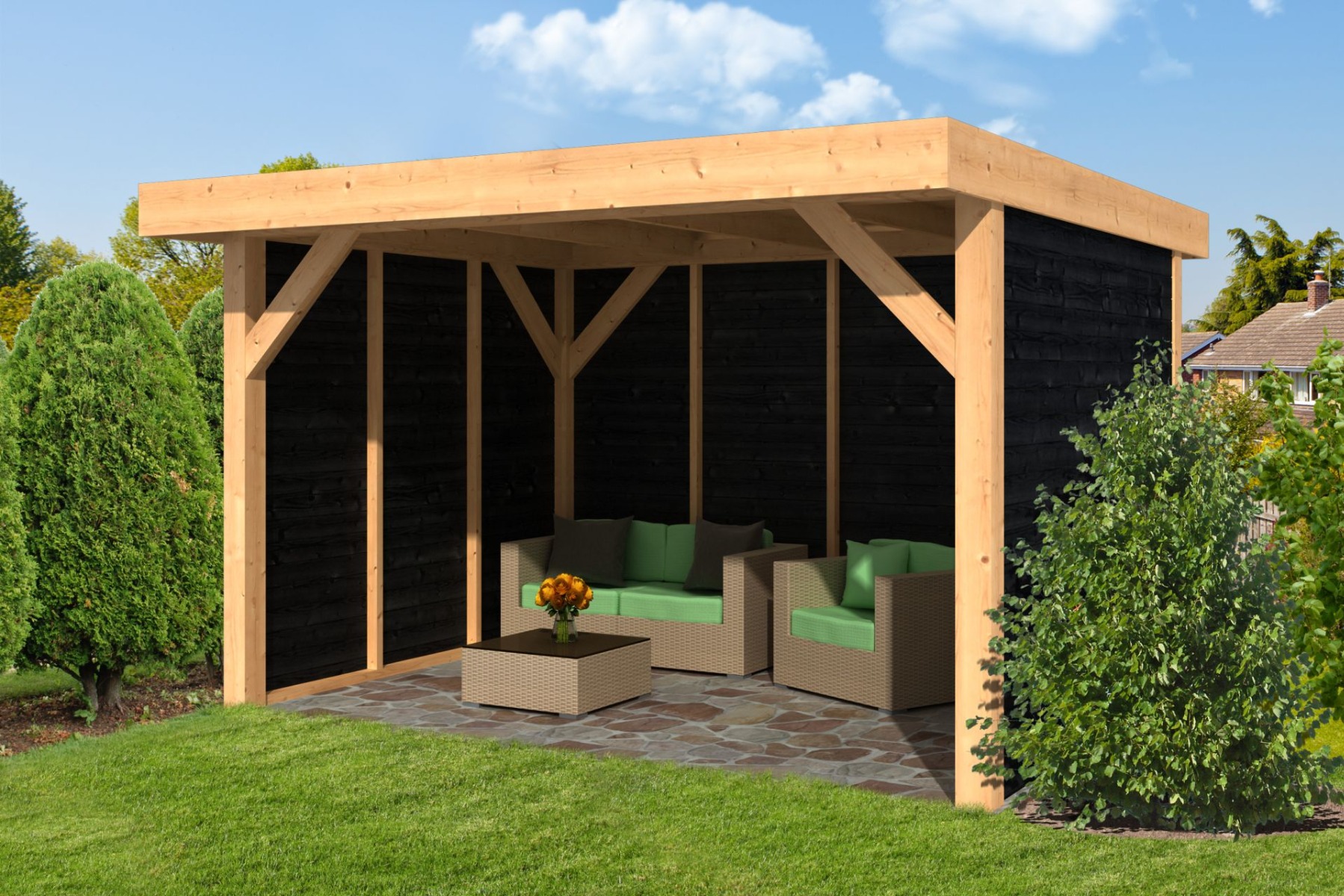 Van Kooten Tuin en Buitenleven Tuindeco Ommen overkapping 400x300 cm Lariks/Douglas zwart geïmpregneerd - bouwpakket- Plat dak- Lariks/douglashout- Tuindeco