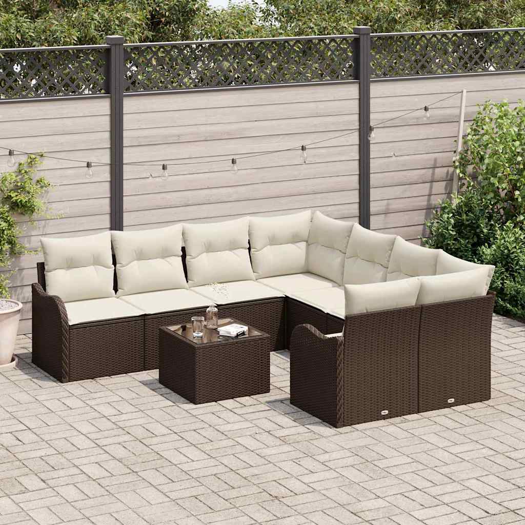 vidaXL Tuin Sofa Set 9 pcs Bruin en Crème Poly Riet en Staal en Glas
