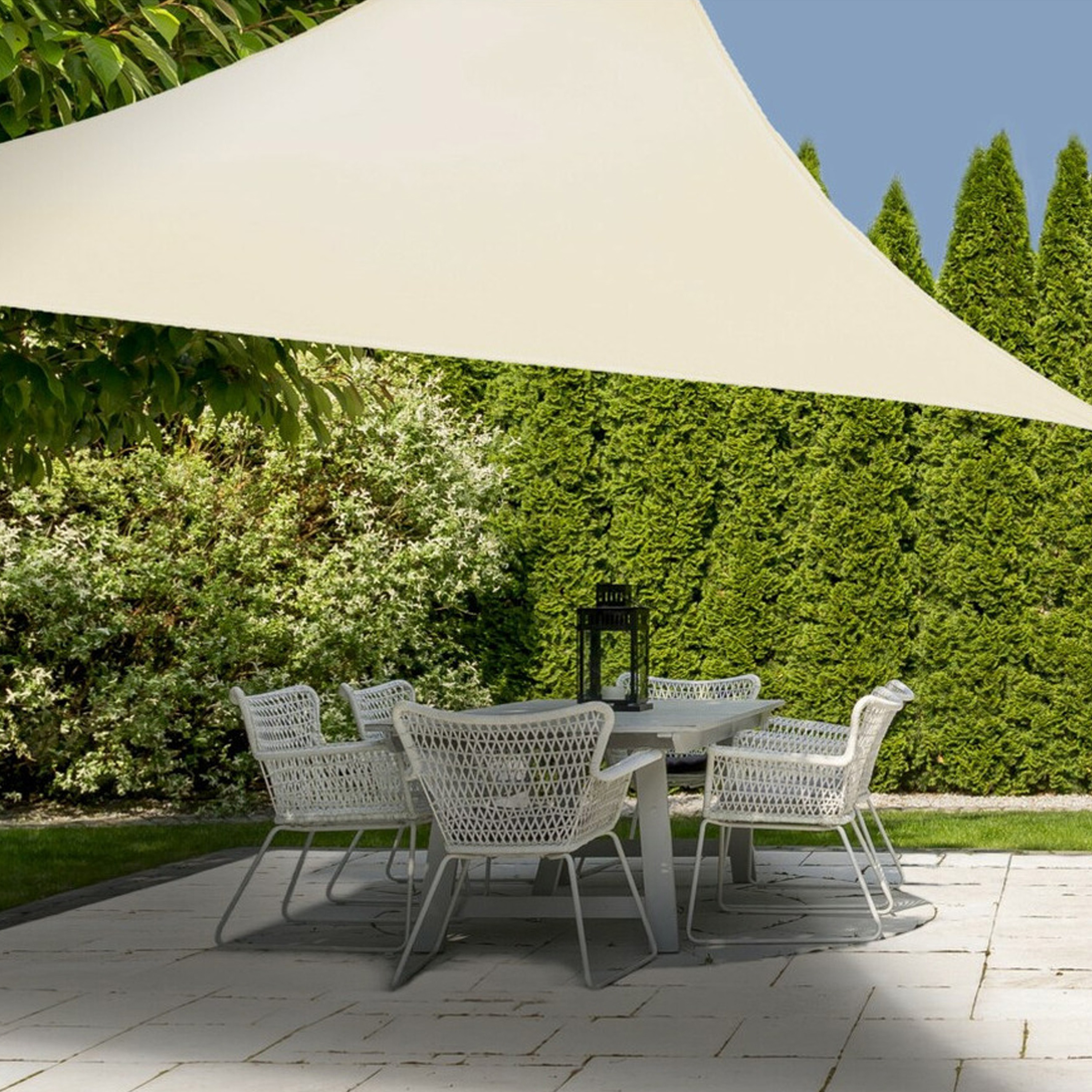 Merkloos Schaduwdoek/zonnescherm driehoek creme wit 3.6 x 3.6 x 3.6 meter met ophanghaken -