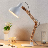 Lampenwelt Houten bureaulamp met witte kap Shivanja