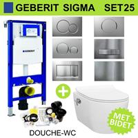 Geberit UP320 Toiletset set25 Wandcloset Idevit Alfa met Bidet Randloos met Sigma drukplaat