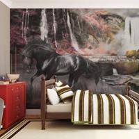 Fotobehang - Zwart paard voor een waterval , multi kleur