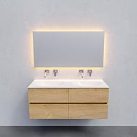 Zaro Sevilla Solid Surface badmeubel 120cm licht eiken zonder kraangat dubbele spoelbak met 4 lades