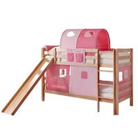 Ticaa Etagenbett mit Rutsche "Lupo" Buche Natur, Rosa-Pink 3-teilig