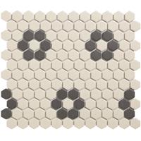 UCI London mozaiëktegel 2,3x2,3x0,6cm hexagon onverglaasd porselein vloertegel voor binnen en buiten vorstbestendig 4 bloemen p vel wit met zwart LOH-Kensington-4