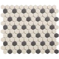 UCI London mozaiëktegel 2,3x2,3x0,6cm hexagon onverglaasd porselein vloertegel voor binnen en buiten vorstbestendig 36 stippen wit met zwart LOH-Mayfair-36