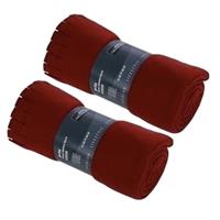 2x Fleece dekens/plaids met franjes rood 130 x 170 cm Rood