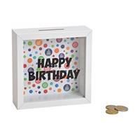 Houten witte spaarpot Happy Birthday met glas 15 cm - Spaarpotten