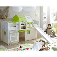 Massivio Kinderzimmerbett mit Vorhang und Tunnel Weiß, Beige und hell Grün