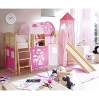 Massivio Kinderhochbett mit Turm, Vorhang und Tunnel Pink und Rosa