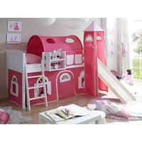 Massivio Kinderhochbett mit Turm, Tunnel und Vorhang Weiß und Pink