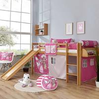 Massivio Kinderbett aus Buche Massivholz Webstoff in Pink und Rosa
