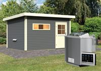 Karibu Saunahaus SUVA 3 3,96 x 2,31 m mit Vorraum terragrau  9.0 kW Bio-Kombiofen ext. Steuerung 6233