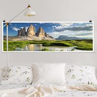 Klebefieber Panorama Poster Natur & Landschaft Südtiroler Zinnen und Wasserspiegelung