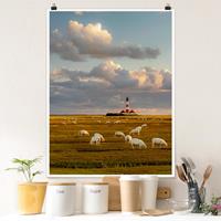 Klebefieber Poster Tiere Nordsee Leuchtturm mit Schafsherde