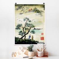 Klebefieber Poster Japanische Aquarell Zeichnung Kiefer und Bergdorf