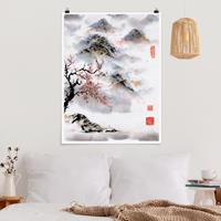 Klebefieber Poster Japanische Aquarell Zeichnung Kirschbaum und Berge