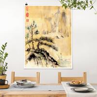 Klebefieber Poster Japanische Aquarell Zeichnung Zedern und Berge