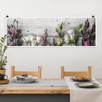 Klebefieber Panorama Poster Blumen Tulpen-Rose Shabby Holzoptik