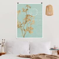 Klebefieber Poster Blumen Goldene Blätter auf Turquoise I