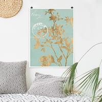 Klebefieber Poster Blumen Goldene Blätter auf Turquoise II