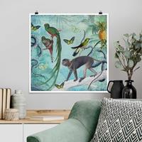Klebefieber Poster Colonial Style Collage - Äffchen und Paradiesvögel