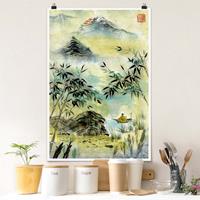 Klebefieber Poster Japanische Aquarell Zeichnung Bambuswald