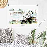 Klebefieber Poster Japanische Aquarell Zeichnung See und Berge