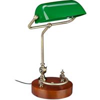 relaxdays Bankerlampe, Retro Schreibtischlampe, Holzfuß, neigbarer Schirm, E27, Antik Design, Bibliothekslampe, grün - 