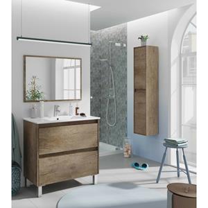 caesaroo Badezimmerschrank auf dem boden 80 cm Nordik Farbe mit spiegel | Anstrich - Mit Säule und Led-Lampe