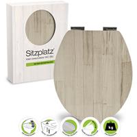 sitzplatz WC-Sitz mit Absenkautomatik, Holz Dekor Holz-Optik Beige-Grau, Holzkern Toilettensitz, universale O Form, oval, Fast Fix