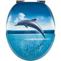 calmwaters WC Sitz Meeres Motiv Delfin mit doppelter Absenkautomatik, Fast-Fix-Befestigung aus Metall, universale O-Form, stabiler Holzkern