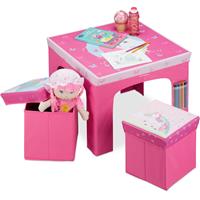 relaxdays Sitzgruppe Kinder, faltbar, Kindertisch, Sitzhocker mit Stauraum, Sitzgelegenheit Kinderzimmer, Einhorn, pink