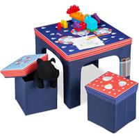 relaxdays Sitzgruppe Kinder, faltbar, Kindertisch, Sitzhocker mit Stauraum, Sitzgelegenheit Kinderzimmer, Fische, blau