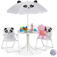 relaxdays Camping Kindersitzgruppe, Kindersitzgarnitur mit Sonnenschirm, Panda Motiv, für Camping, Strand & Garten, weiß - 