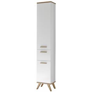 lomadox Badezimmer Hochschrank MALANJE-66 in weiß glänzend & Riviera Eiche quer Nb. - B/H/T: 35,5/205/33cm - 