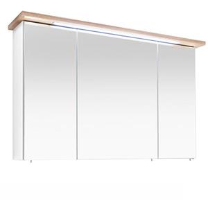 lomadox Badezimmer Spiegelschrank 3-türig MALANJE-66 in weiß Glanz / Riviera Eiche quer Nb., inkl. LED - B/H/T: 115/72/20cm - 